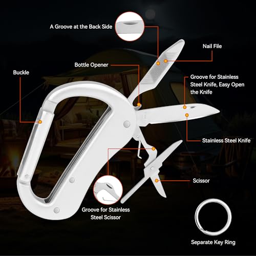 Multitool Carabiner with Pocket Knife, Bottle Opener,Nail file,Small Scissors,EDC Carabiners Keychain with Folding Knives,Auxiliary Tools for Camping,Hiking,Outdoor Activities(Silver) - color: Silver
