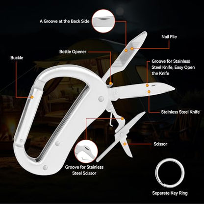 Multitool Carabiner with Pocket Knife, Bottle Opener,Nail file,Small Scissors,EDC Carabiners Keychain with Folding Knives,Auxiliary Tools for Camping,Hiking,Outdoor Activities(Silver) - color: Silver