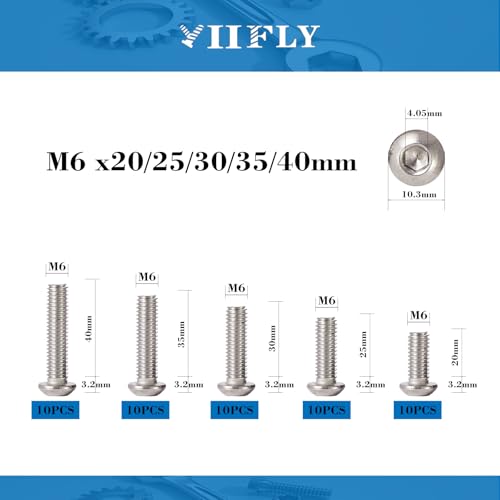 M6-1.0 Button Head Socket Cap Bolts Screws - 20/25/30/35/40mm Length Kit,304 Stainless Steel(A2-70), Allen Drive, Bright Finish, Fully Threaded, 50-Piece Set - size: 304-Button-M6-20-40mm