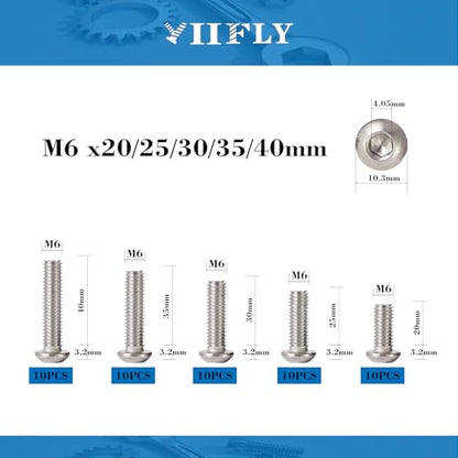 M6-1.0 Button Head Socket Cap Bolts Screws - 20/25/30/35/40mm Length Kit,304 Stainless Steel(A2-70), Allen Drive, Bright Finish, Fully Threaded, 50-Piece Set - size: 304-Button-M6-20-40mm