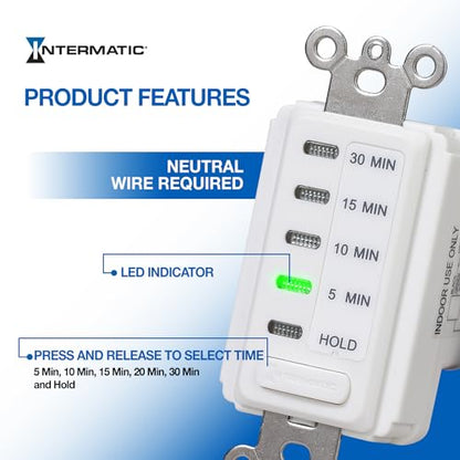 Intermatic EC200WK Electronic Countdown Timer - Efficient Control, Silent Operation, Versatile Applications - 5/10/15/30 Minute Countdown Timer