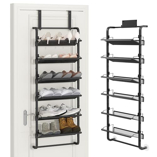 BUKFEN 6 Tier Adjustable Heavy Duty Metal Shoe Rack, Door Hanging and Wall Mount Organizer for Closet, Bedroom, Entryway, Laundry, Apartment, Small Spaces, Space Saving Solution for Busy Homes