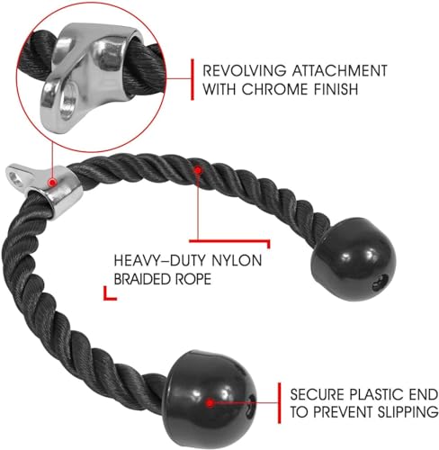 Yes4All Cable Machine Attachment, Row Handles, Tricep Rope, Straight Bar, V Bar, LAT Pulldown Accessories Load 880 LB for Home Gym - color: K. Black Tricep Rope 27"