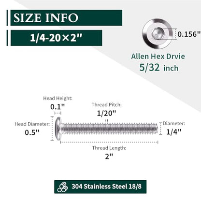 1/4-20 x 2 Hex Socket Head Cap Screws, 304 Stainless Steel 18-8, Chamfered Countersunk Machine Screws for Furniture, Binding, Machinery, Automotive, DIY Projects, 25 PCS - size: 1/4-20 x 2"