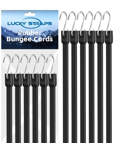 Lucky Straps 12 Inch Rubber Bungee Cords with S Hooks, 11 Pack, Black | 100% Rubber Tarp Straps with 1.9X Max Stretch, Weatherproof for Cargo, Vans, Trucks, Motorcycles and Outdoor Use - size: 12'', style: 100% Rubber
