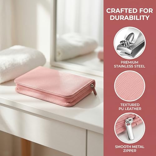 30pcs Professional Stainless Steel Manicure & Pedicure Kit Suitable for - Complete Nail Care with Nail Clippers, Cuticle Trimmer, Ear Spoon & Files, Portable Storage Case - Ideal for, Travel(Pink)