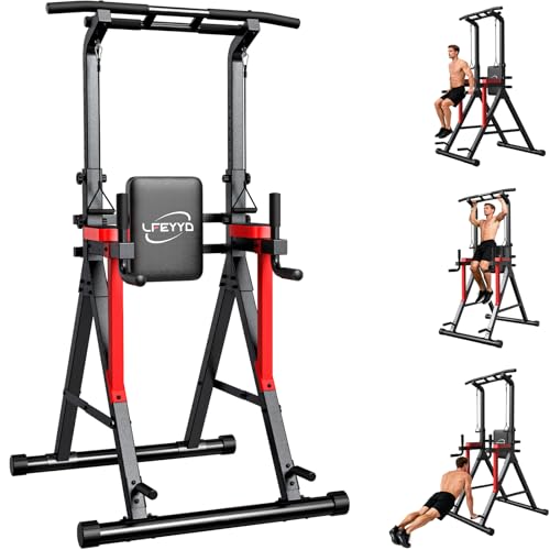 Power Tower Pull Up Bar Free Standing,Multi-Level Adjustable Height Dip Station, Multi-Grip Handles,Backrest,Home Gym Strength Training Equipment with Power Elastic Ropes,Capacity 400LBS