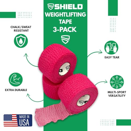 SHIELD | Weightlifting Tape - Made in USA, Hook Grip, Cross-Training, WOD Grip Tape 3-Pack– Durable, Non-Slip, Comfortable Stretchy Athletic Tape – Thumb, Wrist, Finger Protection (Pink) - color: Pink