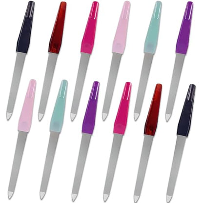 Metal Nail File Set (12 pcs) - Stainless Steel Nail Files for Natural Nails, Sword-Shaped Fingernail Files with Non-Slip Handle, Sharp Tip, and Sapphire Grit for Women and Men