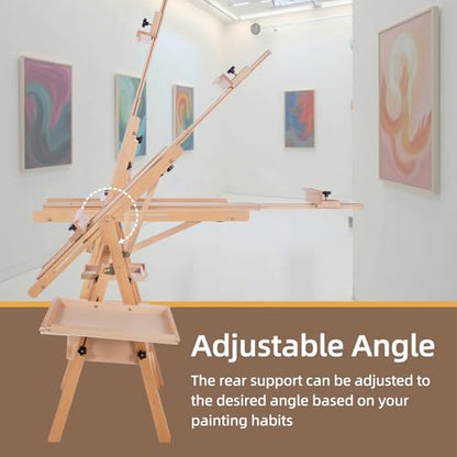 Horizontal Beechwood Studio Easel with Drawer and Palettes, Natural | H-Frame Solid Wooden Painting Easel for Students, Beginners, and Artists, Hold Canvas to 50Inches High - style: Horizontal Natural