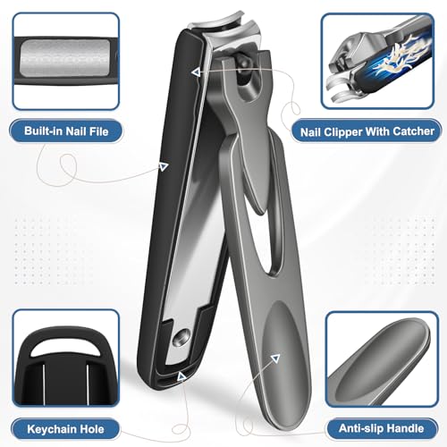 Nail Clippers for Men Thick Nails with Slanted Blade, Heavy Duty Nail Clippers with Catcher No Splash Fingernail Clipper Nail Cutter Gifts for Men Women Adults - style: Black Nail Clippers with Cather Set
