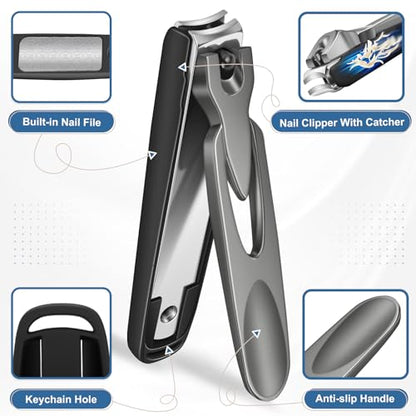 Nail Clippers for Men Thick Nails with Slanted Blade, Heavy Duty Nail Clippers with Catcher No Splash Fingernail Clipper Nail Cutter Gifts for Men Women Adults - style: Black Nail Clippers with Cather Set