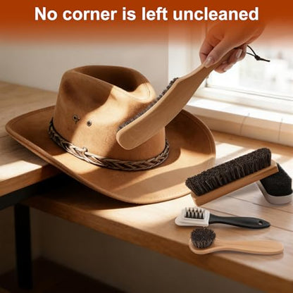 5pcs Horsehair Shoe Brush Premium Shoe Polish Brush, Horsehair Felt Hat Brush Kit with Cleaning Sponge，Boot Brush Multipurpose Horse Hair Brush for Leather Suede Shoes Felt Hat Furniture