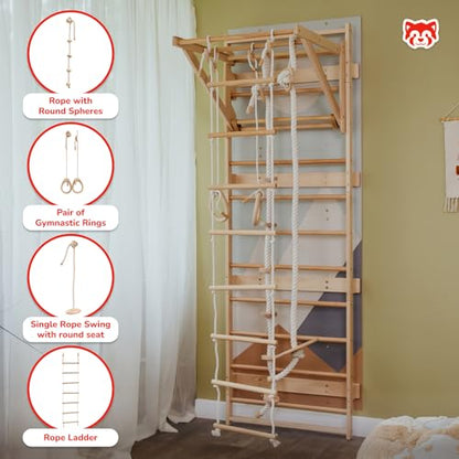 Wood And Hearts Indoor Swedish Ladder Wall Gym for Kids Active Play - Adjustable Pull-Up Bar with Rope Accessories & Decorative Panels (Climbing Module 1, 4in1 Rope Bundle) - size: Climbing Module 1