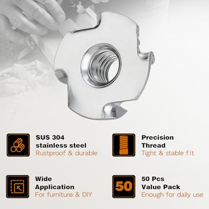 1/4"-20 T-Nuts 304 Stainless Steel, 4-Pronged Tee Nut 3/8" Barrel Length, T-Nut Wood Insert for Wood, Rock Climbing Holds, Furniture, Cabinetry, 50 PCS - color: SUS304 Stainless Steel