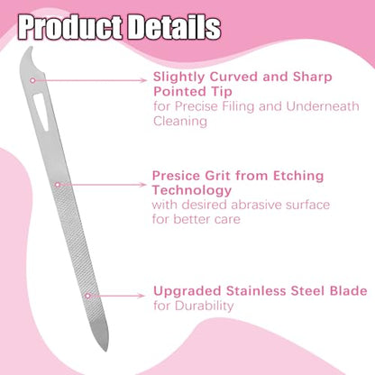 Metal Nail File (10 Pack), 5.5'' Nail Files for Natural Nails Stainless Steel Nail File with Curved Sharp Pointed Tip Sword Fingernail Files Double Sided Manicure Pedicure Toenails Tools