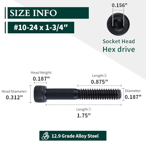 #10-24 x 1-3/4" Socket Head Cap Screws Bolts, 12.9 Grade Alloy Steel, Black Oxide Finish, Allen Hex Drive, Partial Thread, 50-Pack - size: #10-24 x 1-3/4"