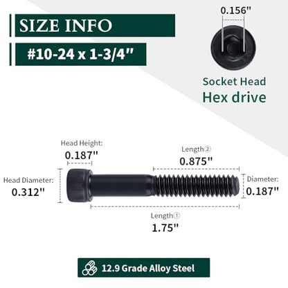 #10-24 x 1-3/4" Socket Head Cap Screws Bolts, 12.9 Grade Alloy Steel, Black Oxide Finish, Allen Hex Drive, Partial Thread, 50-Pack - size: #10-24 x 1-3/4"
