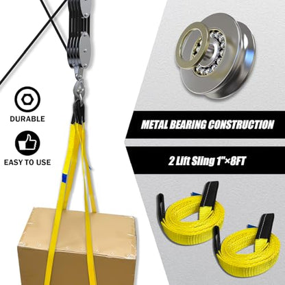 YATOINTO Rope Hoist Pulley System with Metal Bearing, 4400LB Pulley Block and Tackle, 8:1 Lifting Power 65ft, Heavy Duty Pulley Block for Hunting Lifting Garage Warehouses Building (with 2PCs Straps) - size: 4 Pulley+2 straps