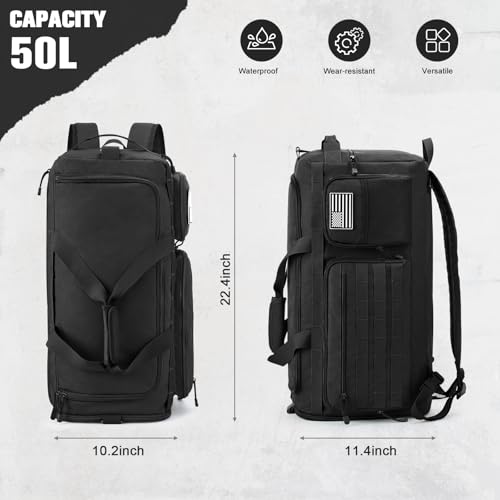 G4Free 3-in-1 Travel Duffle Bag for Men and Women, 50L Large Gym Sports Bags Tactical Military Duffle Backpack with Shoes Compartment and Wet Pocket (Black) - color: Black