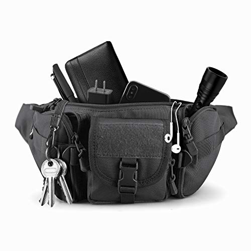 FRTKK Tactical Fanny Pack Military Waist Bag Pack with USA Flag Patch Utility Hip Pack with Adjustable Strap for Outdoors Fishing Cycling Camping Hiking Dog Walking (Black) - color: Black