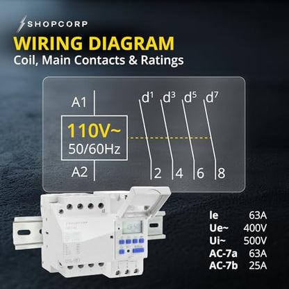 4 Pole Contactor 120v Coil Normally Open (NO) 110/120VAC Coil, Motor Load 40a and Lighting Load 60A, AC Contactor - Bundle with Programmable Timer Relay and DIN Rail 35 x 150 mm - style: 4 Poles Contactor + Timer