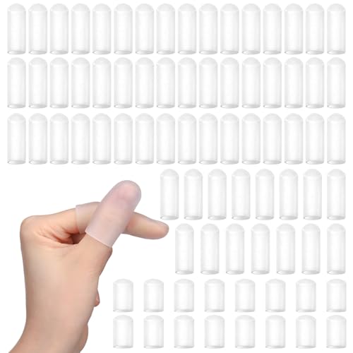 Unittype 70 Pcs Gel Finger Cots Silicone Finger Sleeves Thumb Protector Rubber Fingertip Protector Fingers Cover for Fingers Cracking Arthritis Calluses Blisters Hand Protect Nail Tips Guard, 2 Sizes - color: Translucent