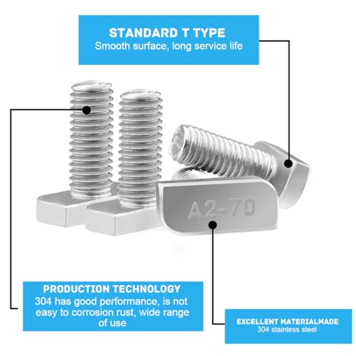 Yeasing T Bolt Set M8x20mm T Slot Drop-in Bolt Hammer Head Bolts T Shape Stud Sliding Screw with 10 Pcs Hexagon Flange Nuts for Aluminum Extrusion Profile Photovoltaic Solar Mounting, sliver