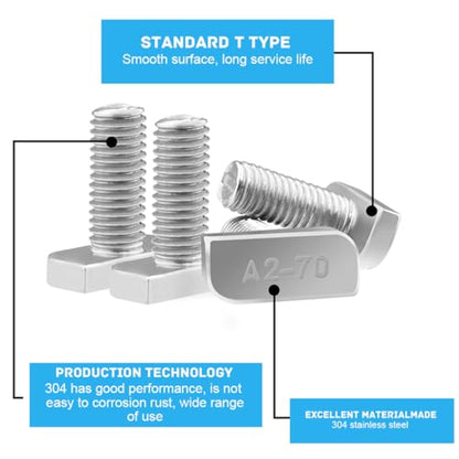 Yeasing T Bolt Set M8x20mm T Slot Drop-in Bolt Hammer Head Bolts T Shape Stud Sliding Screw with 10 Pcs Hexagon Flange Nuts for Aluminum Extrusion Profile Photovoltaic Solar Mounting, sliver