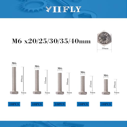 M6-1.0 Hex Head Screw Bolts - 20/25/30/35/40mm Length Kit, 304 Stainless Steel(A2-70), Bright Finish, Fully Threaded, Hexagon Head Bolts,Quantity 50-Piece Set - size: 304-Hex-M6-20-40mm