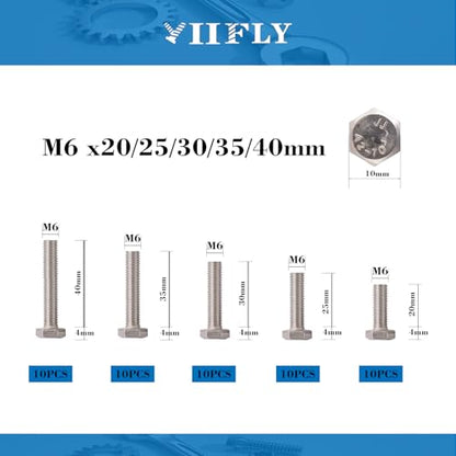 M6-1.0 Hex Head Screw Bolts - 20/25/30/35/40mm Length Kit, 304 Stainless Steel(A2-70), Bright Finish, Fully Threaded, Hexagon Head Bolts,Quantity 50-Piece Set - size: 304-Hex-M6-20-40mm