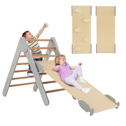 COSTWAY Climbing Triangle with Slide, Indoor Climbing Frame from 1 Year, Rung Triangle Climbing Ramp Made of Wood, for Climbing & Sliding (Grey)