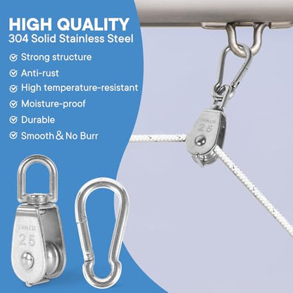 2X 304 Stainless Steel M25 Single Swivel Rope Pulley Blocks with Snap Hooks | 360° anti-twist swivel pulley. For lifting, towing & hanging wire rope on crane/outdoor. Has spring snap hooks for fast fit - size: M25-2pcs