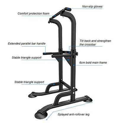 SogesPower Power Tower Dip Station Pull Up Bar for Home Gym Adjustable Height Strength Training Workout Equipment,Pull Up Bar Station - color: Black