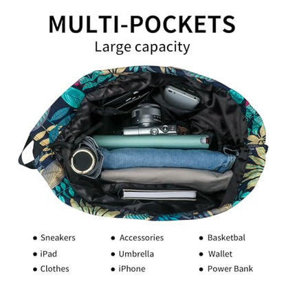 Peicees Waterproof Drawstring Sport Bag Lightweight Sackpack Backpack for Men and Women | Waterproof - color: X_blue Leaves