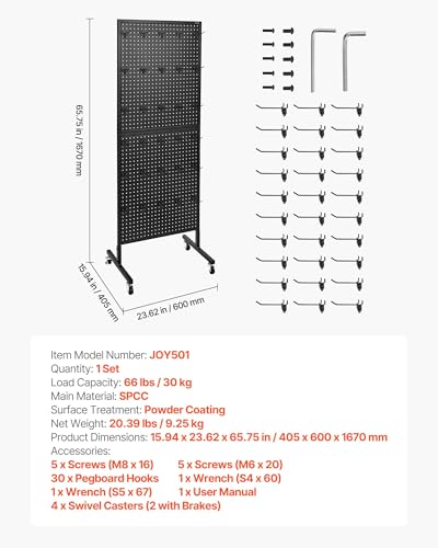 VEVOR Standing Pegboard Display, 23.6 x 63 in Pegboard Display Stand with Swivel Casters and 30 Hooks, Thickened Cold-Rolled Steel Peg Board Panel for Grocery, Retail Store and Jewelry Shop, Black - style: Standard Style