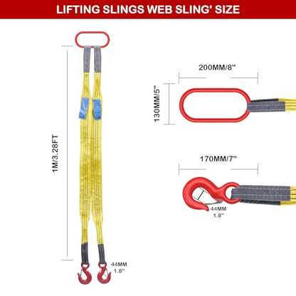 Lifting Slings Straps with Hooks, 3.3 Feet Two Leg Bridle Web Sling, 13227 Pounds Capacity, Polyester Webbing Purple Rigging Straps for Engines, Cranes, Hoists, Yellow, 10002