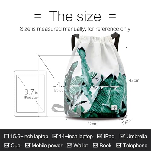 Waterproof Drawstring Bag, Gym Bag Sackpack Sports Beach Backpack for Men Women - color: 06-white Bnana Leaves