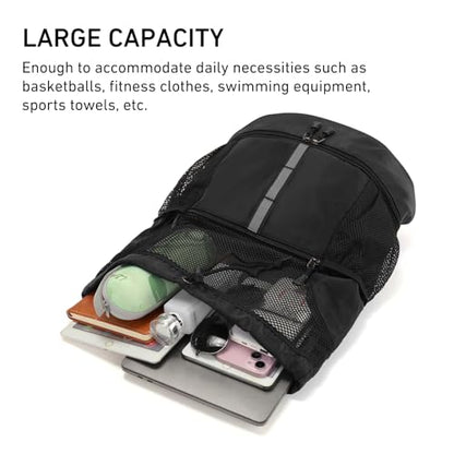 Valleycomfy Drawstring Gym Bag Sports Backpack With Shoe Compartment Black | Reflective Strips Top Handle - color: Black