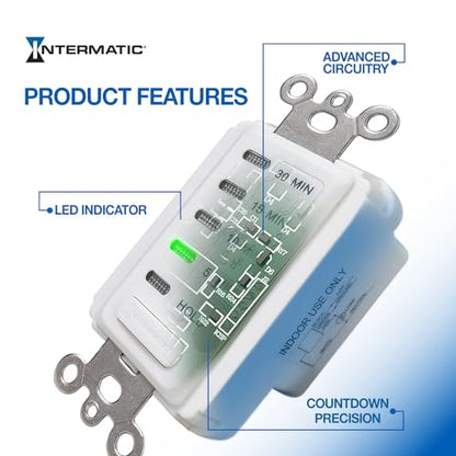 Intermatic EC200WK Electronic Countdown Timer - Efficient Control, Silent Operation, Versatile Applications - 5/10/15/30 Minute Countdown Timer