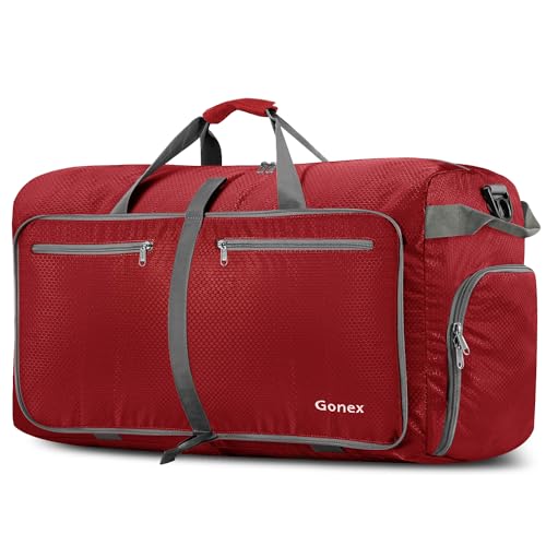 Gonex Foldable Travel Duffle Bag, Lightweight with Shoe Compartment | 210D Nylon, Water-Repellent, Folds Compact, Multiple Pockets, Luggage Sleeve, Travel & Weekend Use, 60L, Red - color: Red, size: 60L