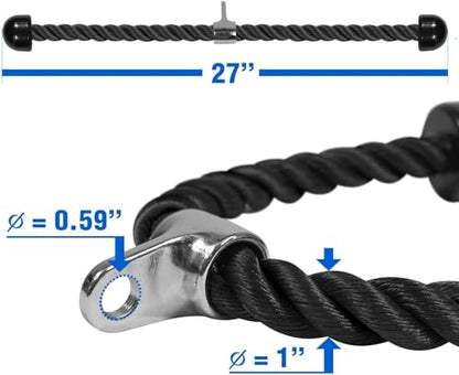 Yes4All Cable Machine Attachment, Row Handles, Tricep Rope, Straight Bar, V Bar, LAT Pulldown Accessories Load 880 LB for Home Gym - color: K. Black Tricep Rope 27"