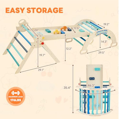 DUMOS Pikler Triangle Set, Toddler Climbing Toys and Play Structure Indoor, 9-in-1 Wooden Montessori Climbing Set with Arch, Ramp and Ladder, Foldable Baby Jungle Gym, Blue - color: Blue