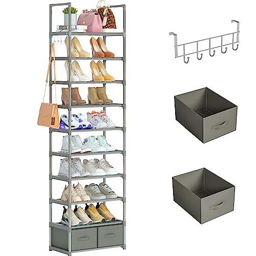 OYREL Shoe Rack Sturdy Metal 10 Tier Shoes Rack Organizer + 2Boxes 1Hook | Narrow Space Saving Shoe Storage Shelf for Closets, Tall Shoe Stand for Entryway, Living Room - color: Silver