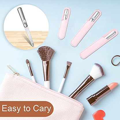 3 Pcs Stainless Steel Nail Files Kit with Leather Case, Double Sided Metal Nail Files with Anti-Slip Handle for Women and Men, Metal File Buffer Manicure Pedicure Tools for Fingernail Toenail(Pink) - color: Pink