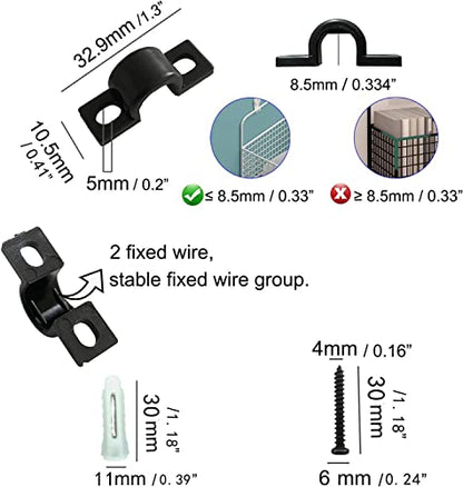 WAFJAMF 12Pcs Black Wire Shelf Loop Clips Set with Screws & Expansion Tubes | Plastic construction back wall mount fasteners for closet shelving concrete installation hardware - color: Black