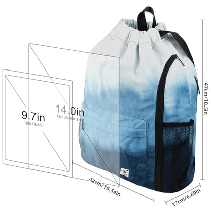 Drawstring Backpack with Mesh Pockets String Gym Bag Sackpack Sandproof Water Resistant Beach Backpack for Men Women - color: Gradient Blue
