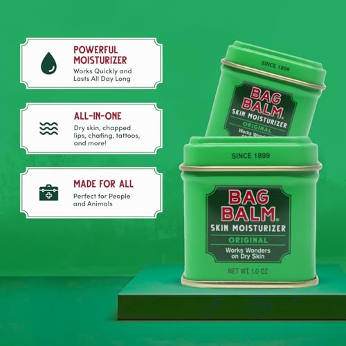 Bag Balm Vermont's Original Ointment, 1 Ounce Tin (Pack of 4), Moisturizing Ointment for Dry Skin that can Crack Split or Chafe on Hands Feet Elbows Knees Shoulders and More - size: 1 Ounce (Pack of 4)