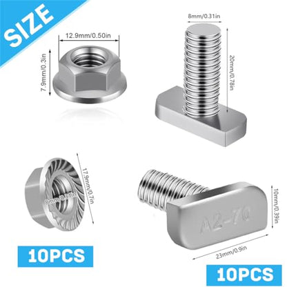 Yeasing T Bolt Set M8x20mm T Slot Drop-in Bolt Hammer Head Bolts T Shape Stud Sliding Screw with 10 Pcs Hexagon Flange Nuts for Aluminum Extrusion Profile Photovoltaic Solar Mounting, sliver