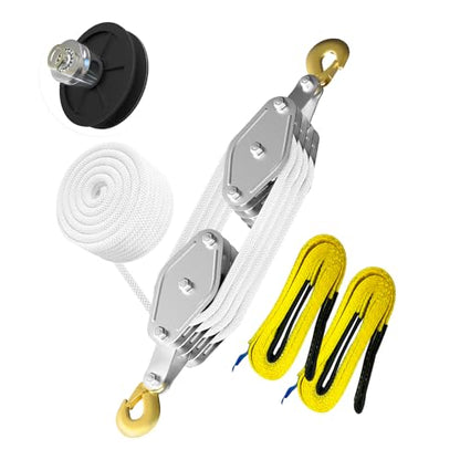 YATOINTO Rope Pulley Hoist 4400 LB, 8:1 Lifting Power Pulley Block and Tackle System, Pulley Block 2200LB Loading Capacity, 65ft Heavy Duty Rope Hoist for Lifting Pulling (with 2PCs Straps) - color: White, size: UPGRADED-4wheels+2pcs straps